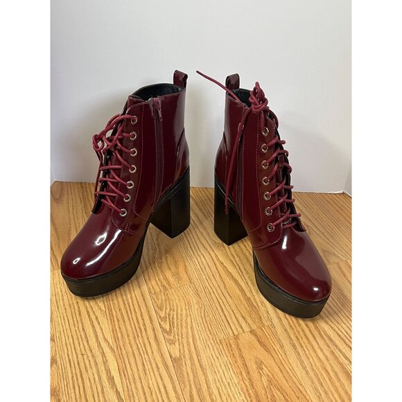 Vintage-Style 7.5 Burgundy Platform Lace-Up Ankle Boots Block Heel Glossy Shine - Picture 2 of 5